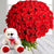 100 Red Roses In Cellophane Packing Small White 6 Inch Teddy Bear